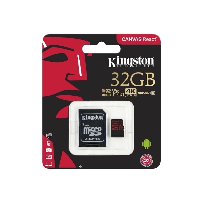 Thẻ nhớ Kingston 32GB microSDHC Canvas React 100R/70W U3 UHS-I V30 A1 Card + SD Adapter (SDCR/32GB)