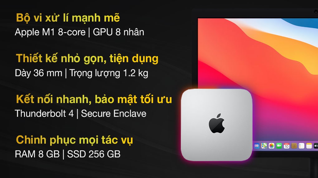 Máy Tính Ð? Bàn Apple Mac Mini MGNR3SA/A/ M1 chip/ 8 Core CPU and 8 Core GPU/ RAM 8GB/ 256GB SSD/ Mac OS/ 1 Yr