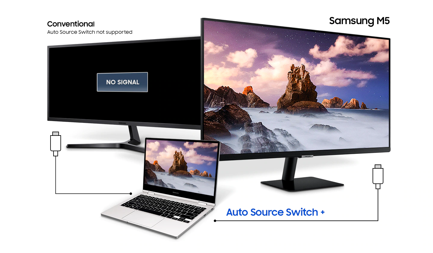 Máy tính xách tay được kết nối với M7 và một màn hình thông thường. Chỉ M7 mới hiển thị màn hình của máy tính xách tay với tính năng Auto Source Switch +.
