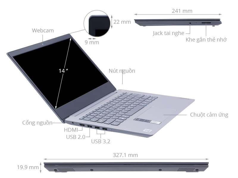 Laptop LENOVO IdeaPad Slim 3 14IML05 (81WA00QGVN)/ Xám/ Intel Core i7-10510U (up to 4.9Ghz, 8MB)/ RAM 8GB/ 512GB SSD/ NVIDIA GeForce MX330/ 14inch HD/ Win 11H/ 2Yrs