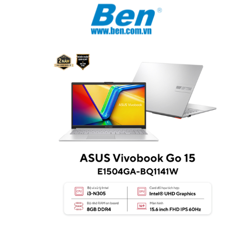 Máy tính xách tay Vivobook Go 15 (E1504GA-BQ1141W) | Bạc | Intel Core i3 N305 | RAM 8GB | SSD 256 GB | Intel Graphics | 15.6 inch FHD | 3 Cell | Win 11 Home | 2Yrs