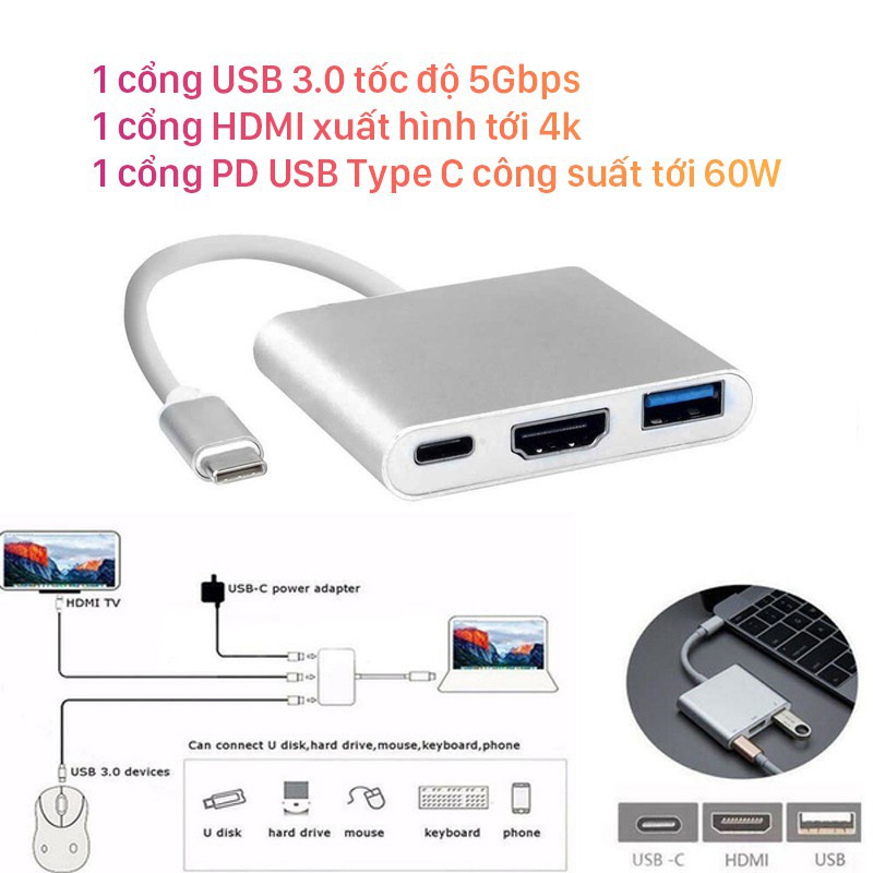 Hub Type C 3in1 - C?ng chuy?n d?i HUB USB Type-C to HDMI, USB 3.0, PD Type-C cho Laptop Macbook - Xám