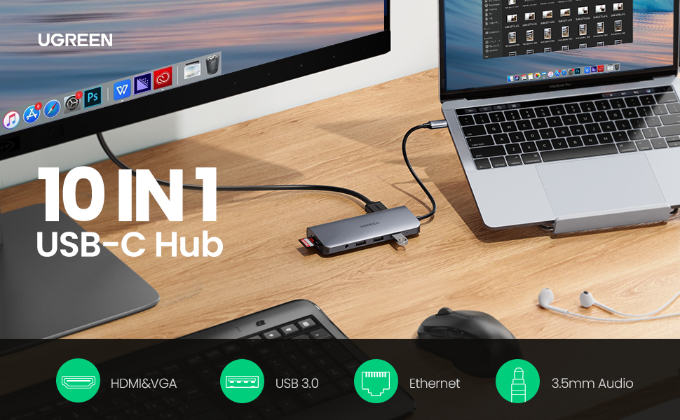 B? chuy?n d?i USB Type C 10 in 1 tích h?p HDMI, VGA, 3.5mm, Lan, USB, Ð?c Th?, S?c USB-C PD Ugreen 80133