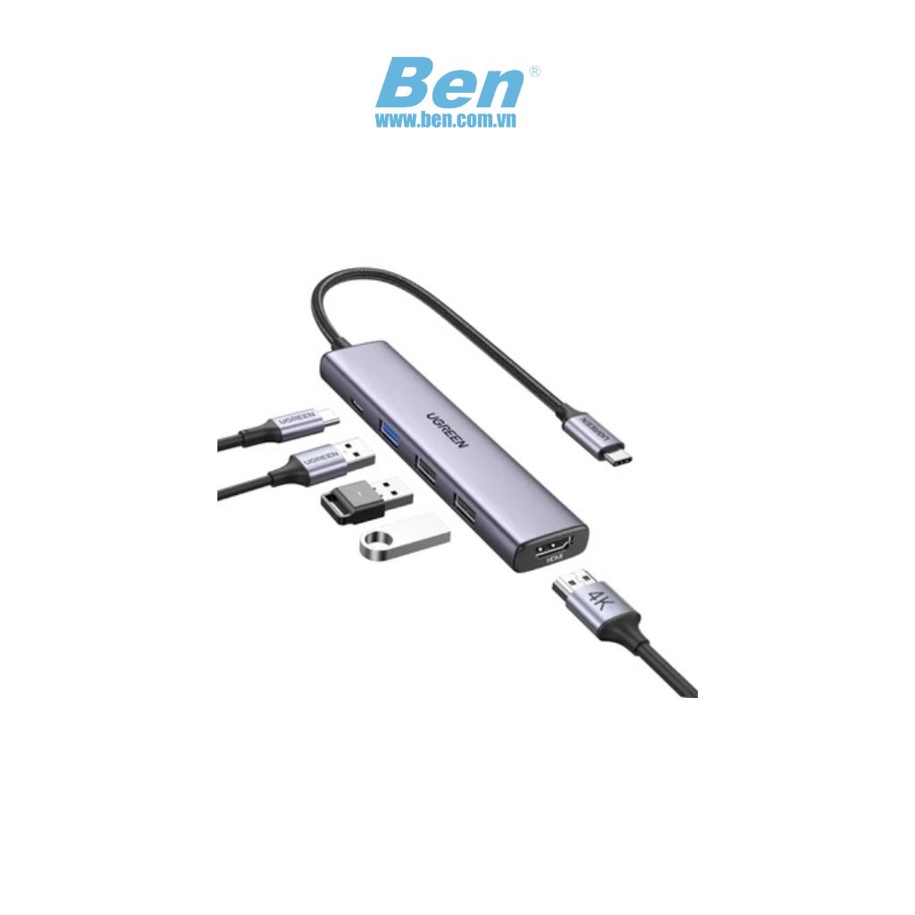 Bộ chuyển đổi USB Type-C 5 trong 1 ra HDMI 4K@30Hz, USB 2.0, USB 3.0, Sạc PD 100W Ugreen 15495 cao cấp