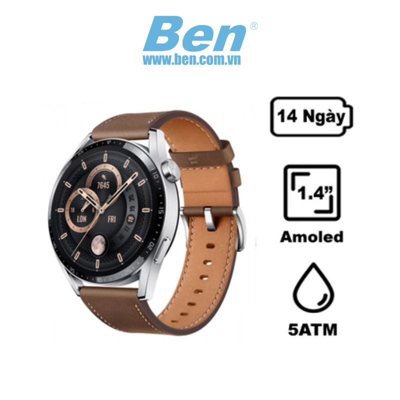 Đồng hồ HUAWEI JPT-B29 WATCH GT 3 Classic 32MB+4GB Stainless Steel Case Brown Leather Strap/ Nâu