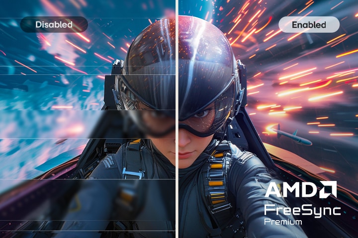 Màn hình LG FHD minh họa công nghệ AMD FreeSync™ Premium với hình ảnh so sánh giữa chế độ Tắt và Bật, cho thấy giảm hiện tượng xé hình và chuyển động mượt mà hơn, mang đến trải nghiệm chơi game phản hồi nhanh và đắm chìm hơn.