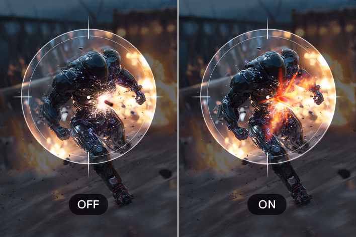 Hình ảnh so sánh gameplay khi bật và tắt Dynamic Action Sync, minh họa giảm độ trễ đầu vào trên màn hình UltraWide.