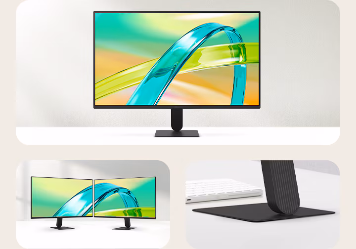 Màn hình LG FHD với thiết kế gần như không viền 3 cạnh và chân đế mỏng, hiển thị góc nhìn mặt trước cùng thiết lập hai màn hình, mang đến không gian làm việc tối giản, gọn gàng.