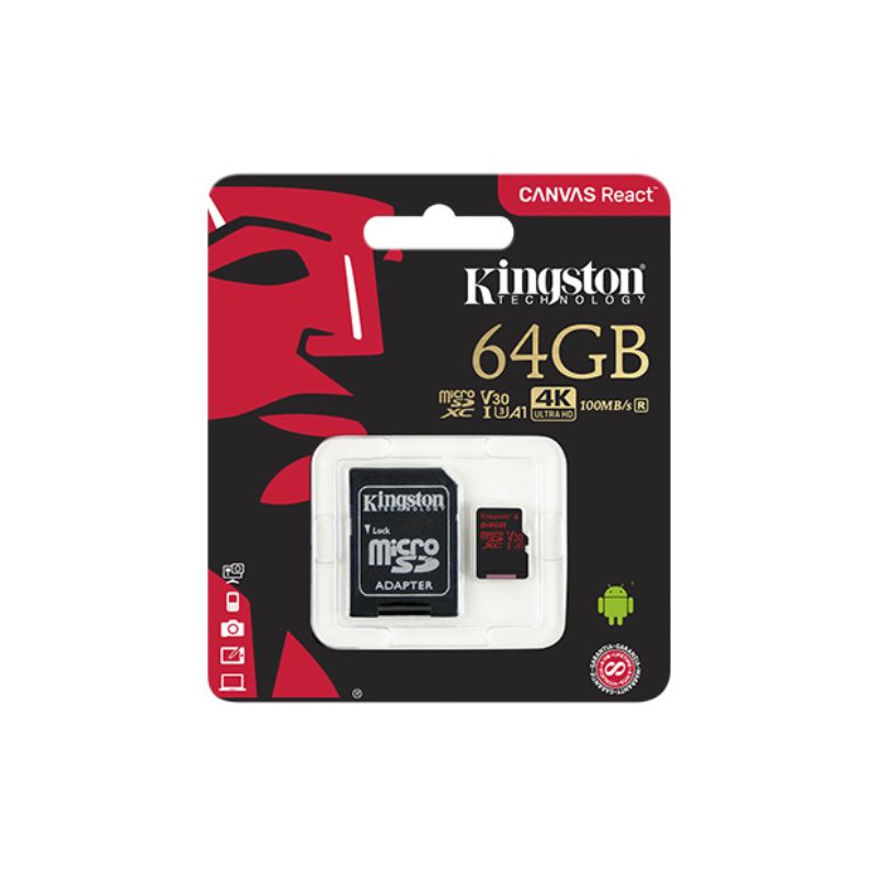 Thẻ nhớ Kingston 64GB microSDHC Canvas React 100R/70W U3 UHS-I V30 A1 Card + SD Adapter (SDCR/64GB)