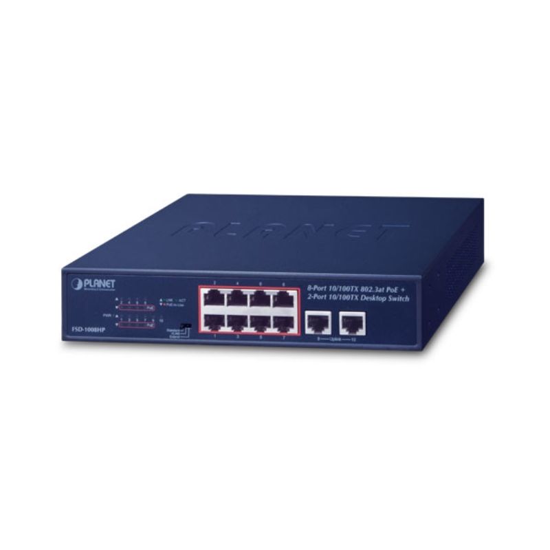 Thiết bị chuyển mạch PLANET 8-Port 10/100TX 802.3at PoE + 2-Port 10/100TX Desktop Switch (120W) (FSD-1008HP)