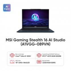 Laptop MSI Gaming Stealth 16 AI Studio (A1VGG-089VN) (Core Ultra 9 185H | Xanh | RAM 16GB | 2TB SSD | RTX4070 8GB | 16 inch UHD+ 120Hz | Win 11 | 2 Yrs (2024)