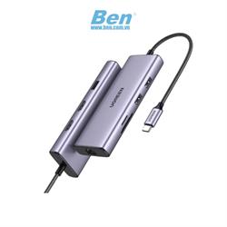 Bộ chuyển USB C 9 trong 1 Ugreen 90119, hỗ trợ xuất 2 cổng HDMI + USB + LAN Gigabit + PD 60W + SD/ TF