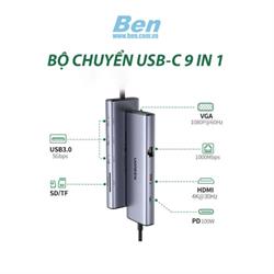 Cáp chuyển USB Type-C 9 trong 1 ra HDMI 4K@30Hz, VGA, USB 3.0, Lan 1Gbps, SD/TF, Sạc PD 100W Ugreen 15600