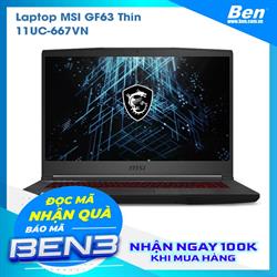 Laptop MSI GF63 Thin 11UC-667VN/ Đen/  Intel Core i7-11800H (upto 4.60 GHz, 24 MB)/ RAM 8GB DDR4/ 512GB SSD/ Nvidia Geforce RTX 3050 Max-Q 4GB GDDR6/ 15.6inch FHD 144Hz/ 3 cell, 51Whr/ Win 11H/ Túi/ Chuột/ 1Yr