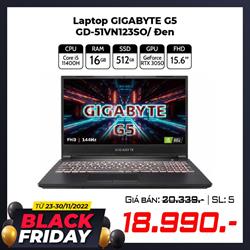 Laptop GIGABYTE G5 GD-51VN123SO/ Đen/ Intel Core i5- 11400H (up to 4.50Ghz, 12MB)/ RAM 16GB DDR4/ 512GB SSD/  NVIDIA Geforce RTX 3050/ 15.6 inch FHD/ Win11H/ 2Yrs