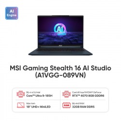 Laptop MSI Gaming Stealth 16 AI Studio (A1VGG-089VN) (Core Ultra 9 185H | Xanh | RAM 16GB | 2TB SSD | RTX4070 8GB | 16 inch UHD+ 120Hz | Win 11 | 2 Yrs (2024) Laptop MSI Gaming Stealth 16 AI Studio (A1VGG-089VN) (Core Ultra 9 185H | Xanh | RAM 16GB | 2TB SSD | RTX4070 8GB | 16 inch UHD+ 120Hz | Win 11 | 2 Yrs (2024)